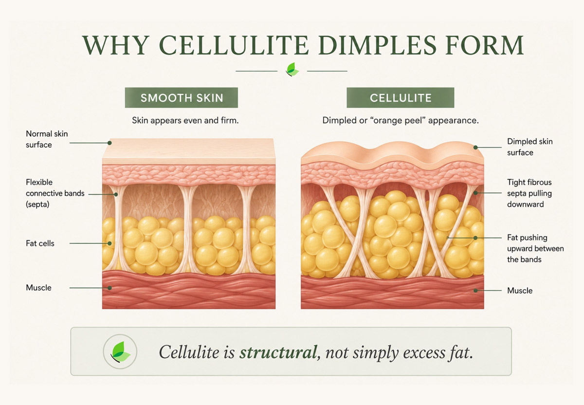 Medical illustration comparing smooth skin with cellulite and showing fibrous septa pulling the skin downward