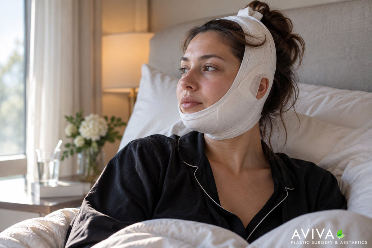 Woman recovering after facial plastic surgery with postoperative compression dressing