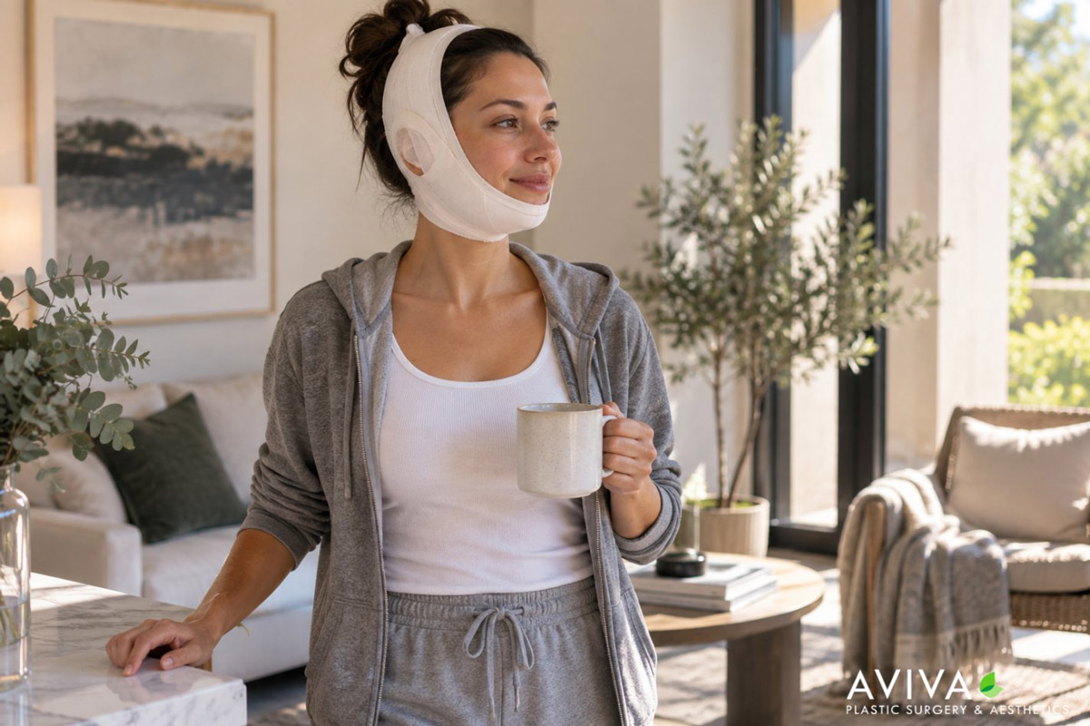 Woman gently moving around at home during facial plastic surgery recovery