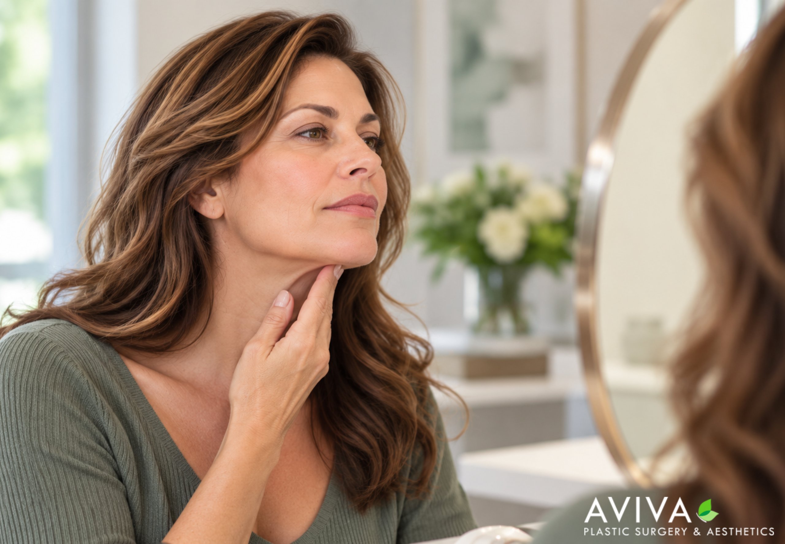 Woman examining jaw and neck after weight loss considering facial rejuvenation Aviva Plastic Surgery Atlanta
